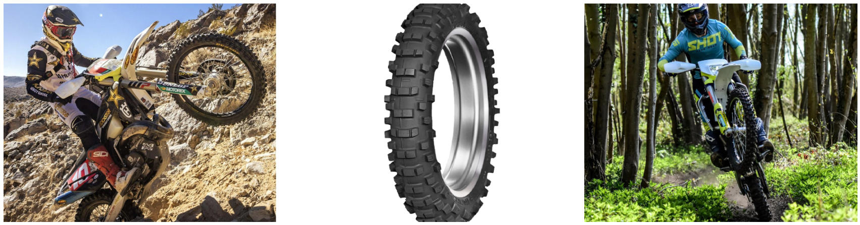 Three images, one man on a dirt bike on the left, a dirt bike tyre in the middle, and one man on a dirt bike on the right